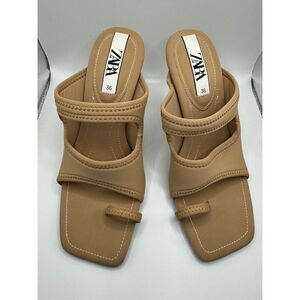 ZARA Women’s Tan Neoprene Toe-Strap Heels with White Stitching Sz 6/ EU 36
